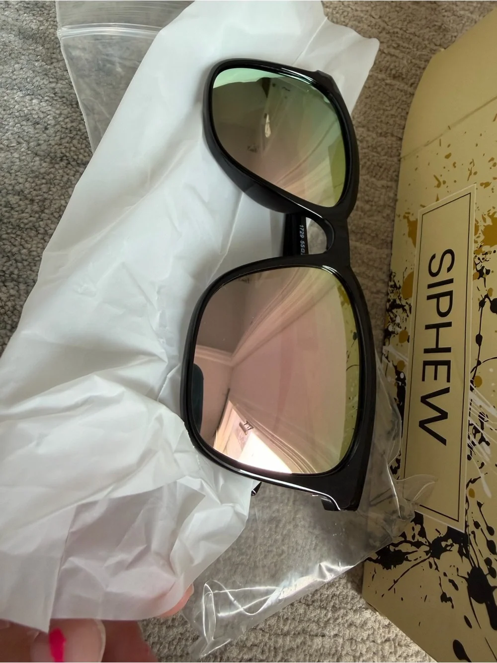 Women's Black Frame Sunglasses with Rose-Green Mirrored Lenses